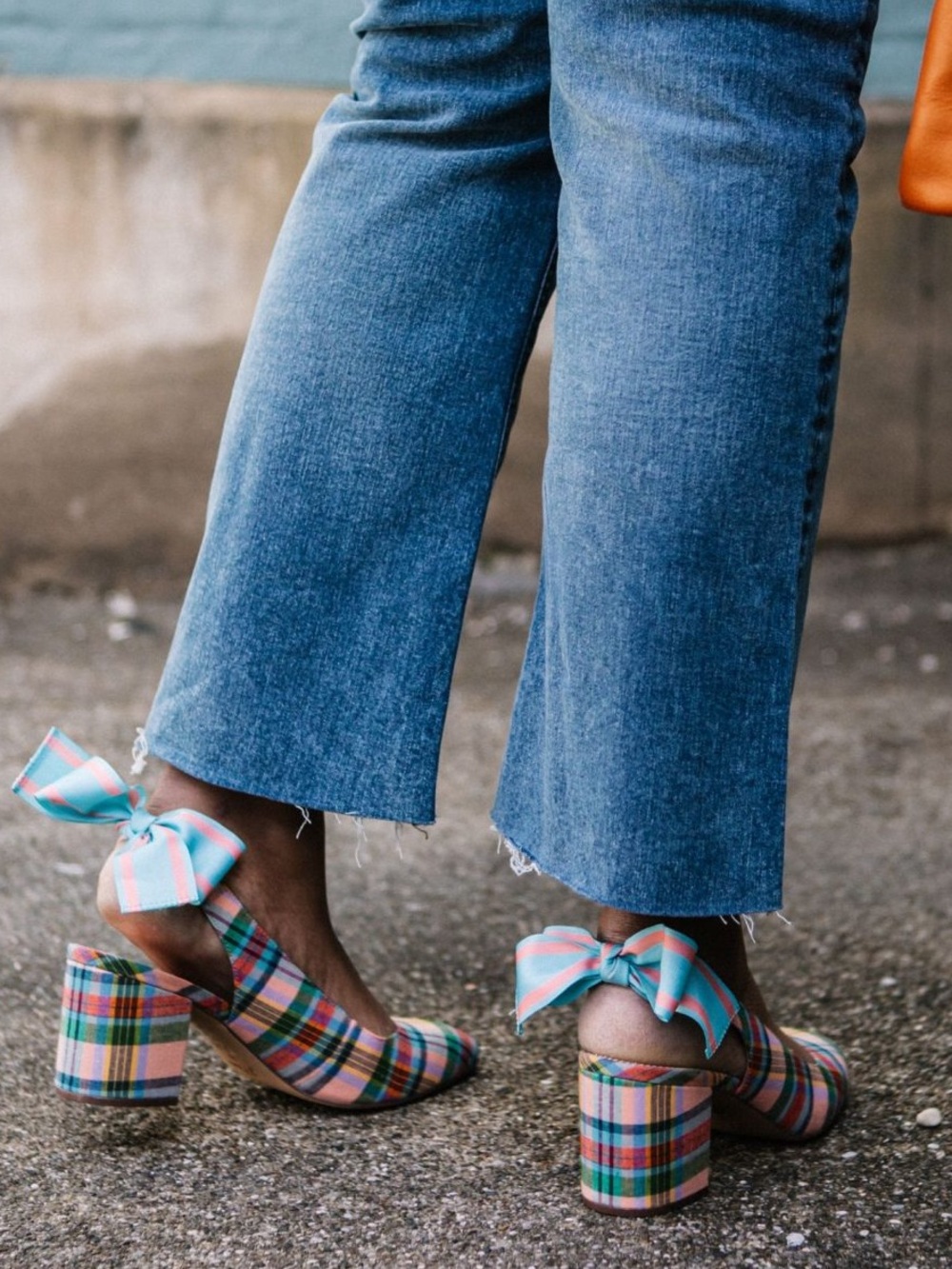 J. Crew Bow-Back Slingback Pumps Pastel Ribbon Plaid Block Heel Preppy Coquette - Picture 2 of 12